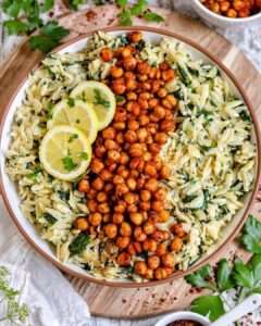 Herby Spinach Feta Orzo with Crispy Harissa Chickpeas – Easy Vegan Recipes